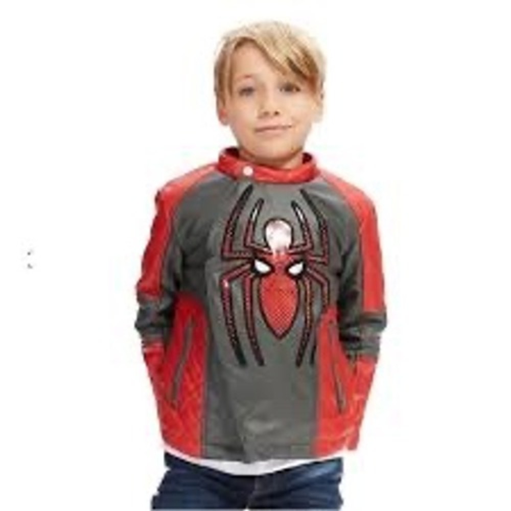 Disney Marvel Spider-Man Boys Red Grey Faux Leather Moto Jacket Size 7/8